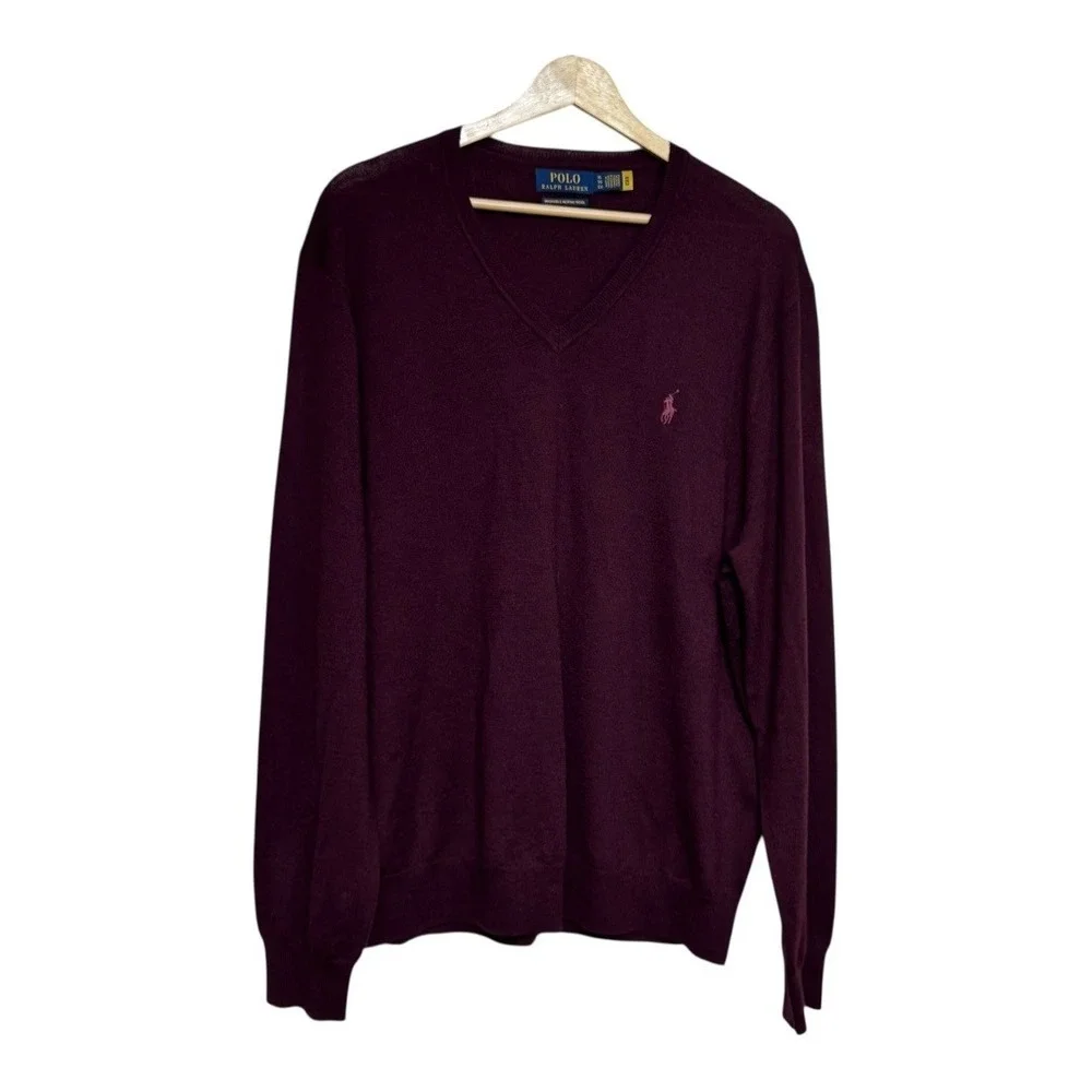 Polo Ralph Lauren Men's Burgundy V-Neck Washable Merino Wool Sweater XL